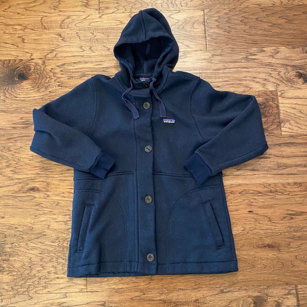 Patagonia Better Sweater Hooded‎ Coat Navy Blue Button Front Fleece Jacket Large